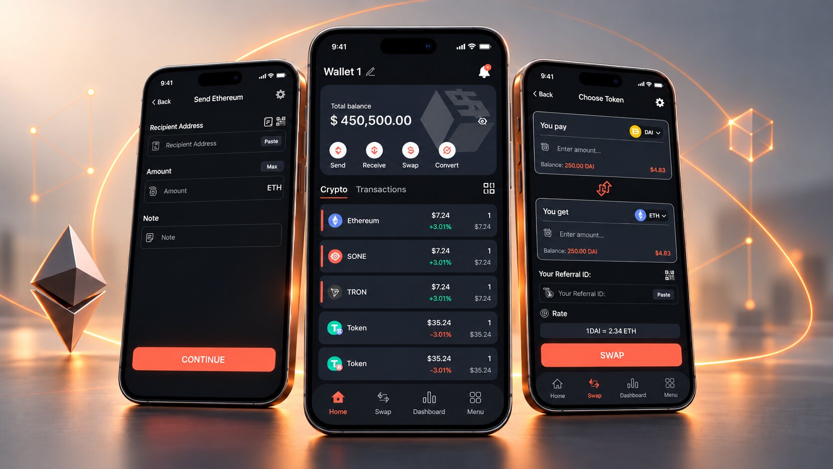 Crypto wallet and DeFi swap platform interface with wallet
