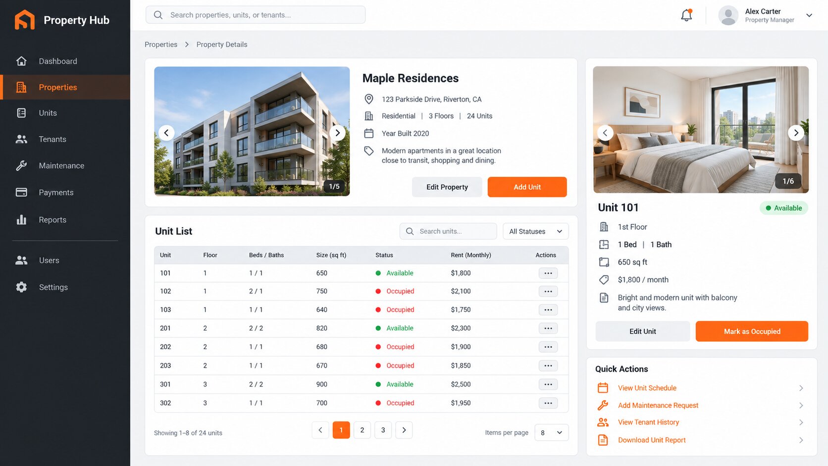 Property management dashboard with property details, unit availability, and room management features.