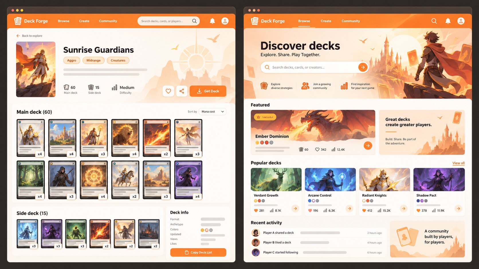 Trading card game deck sharing platform with card search, deck building, and community features.