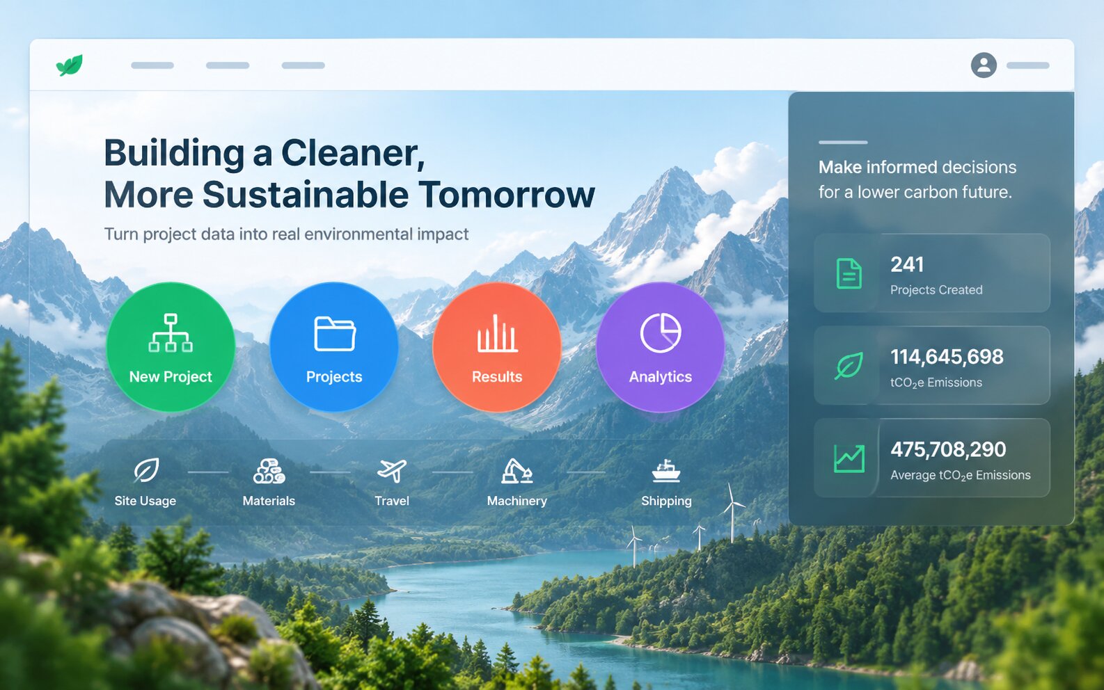 Carbon accounting platform for tracking project emissions across materials, fuel, travel, machinery, and operations