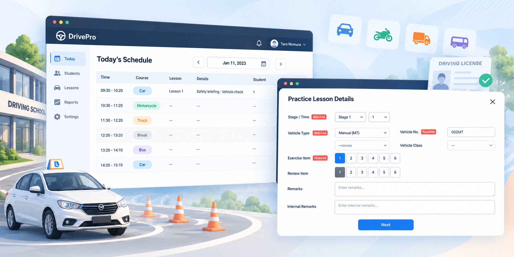 Driving school platform for managing lessons, vehicle training, and license requirements