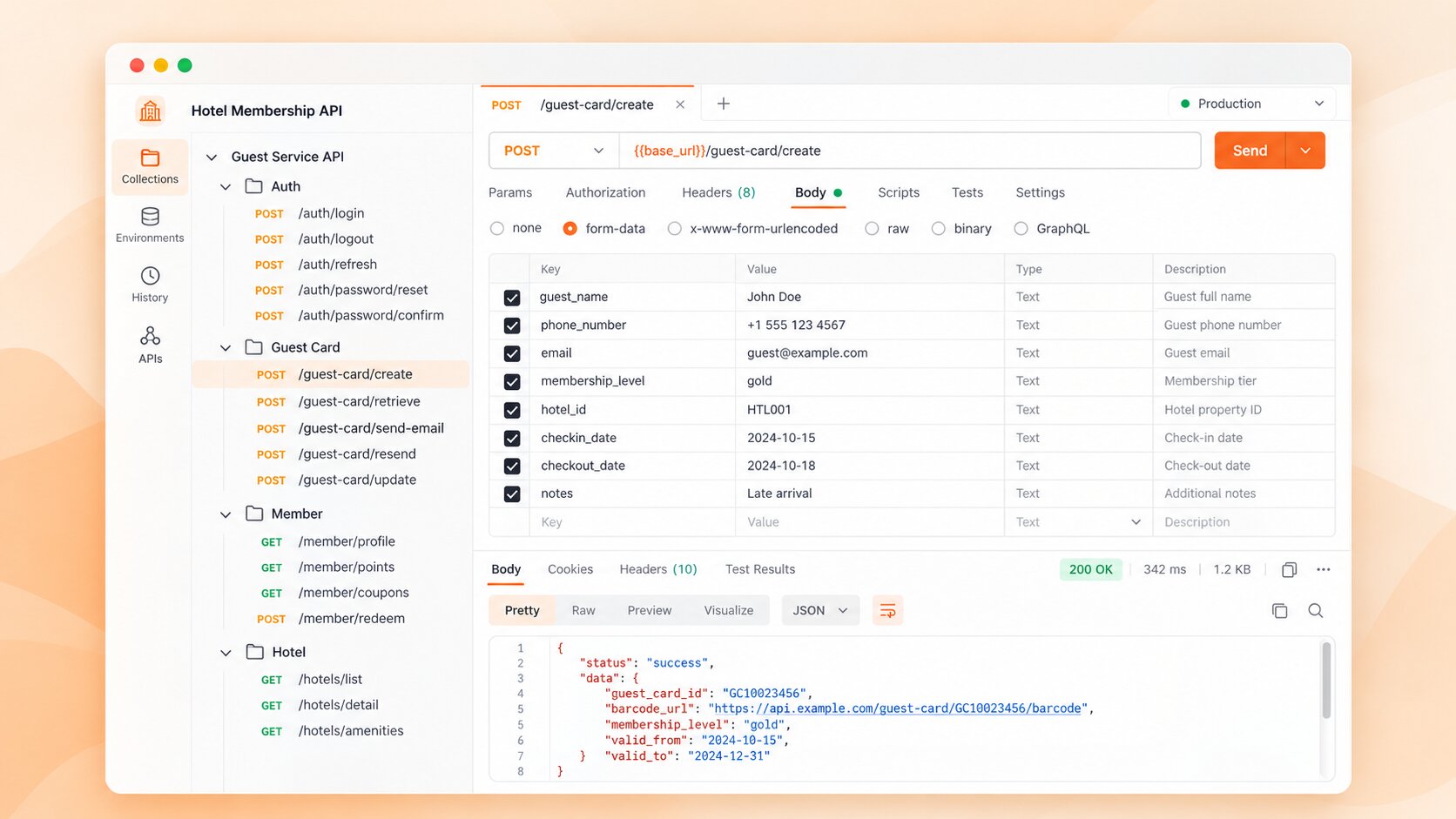 Hotel membership API interface showing authentication, guest card, member, and hotel service endpoints
