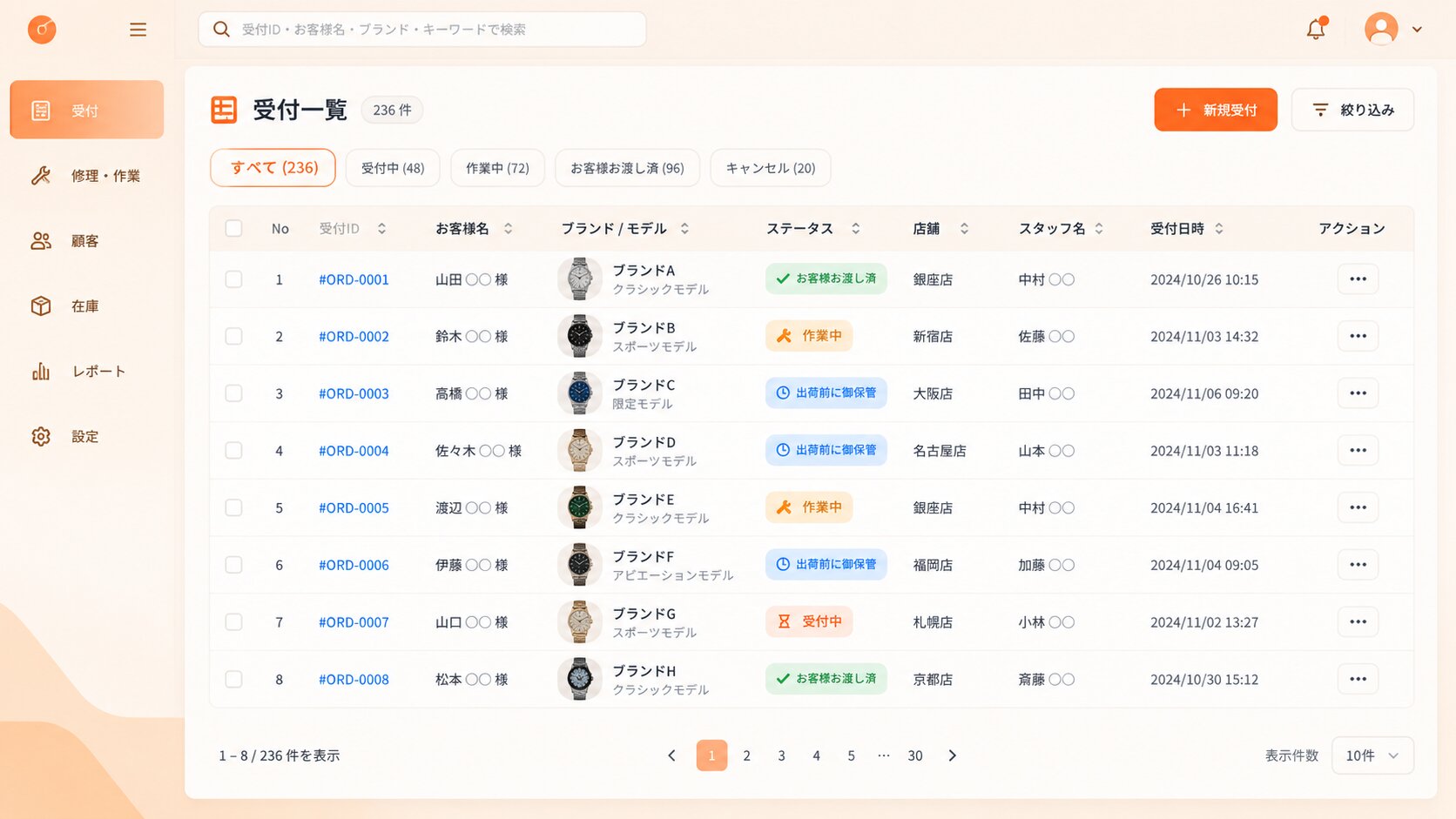Dashboard for managing luxury watch service and repair orders.