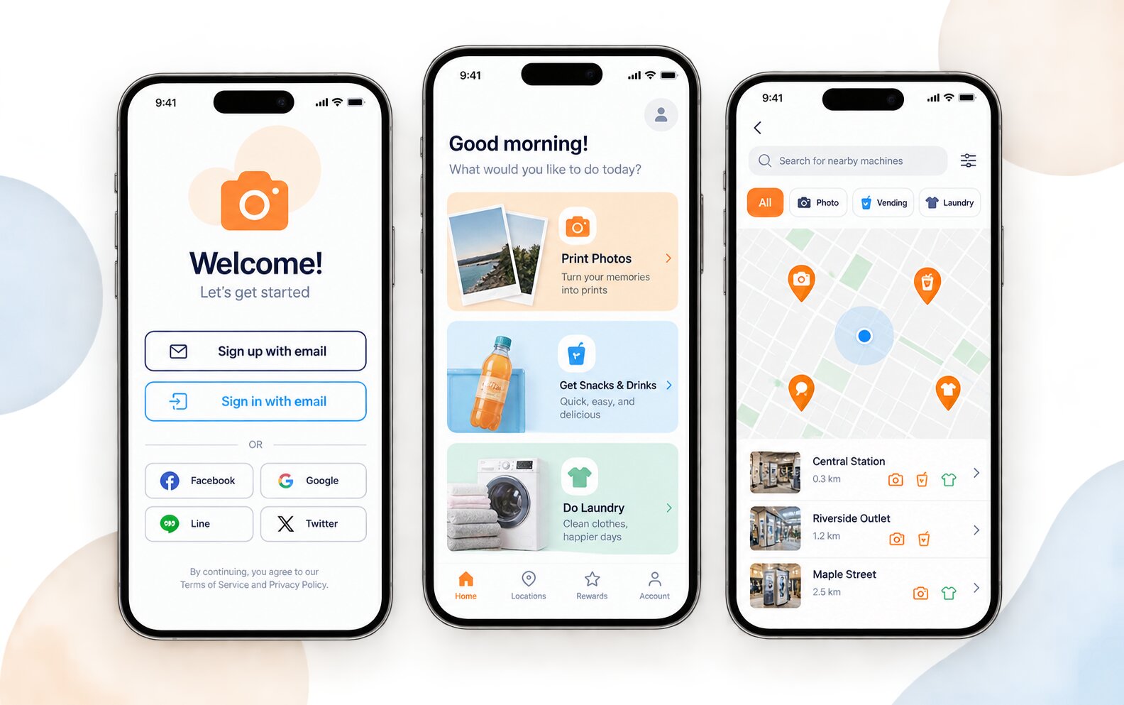 Mobile app for finding nearby self-service machines across photo printing, vending, and laundry services
